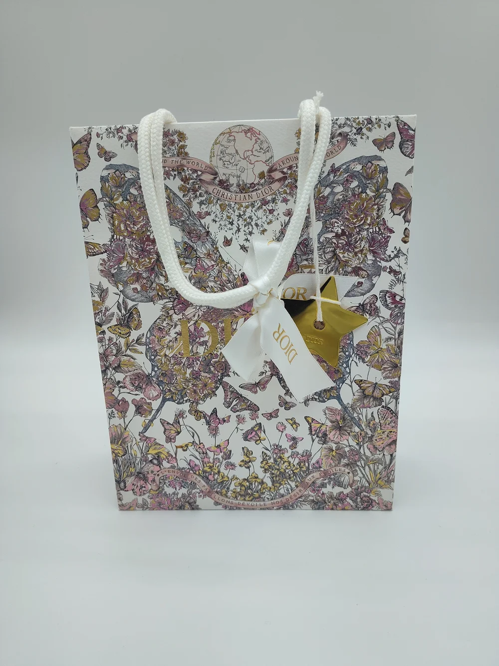 DIOR Butterfly Floral Around The World Gift Bag Gold Star Charm Ribbon PRISTINE